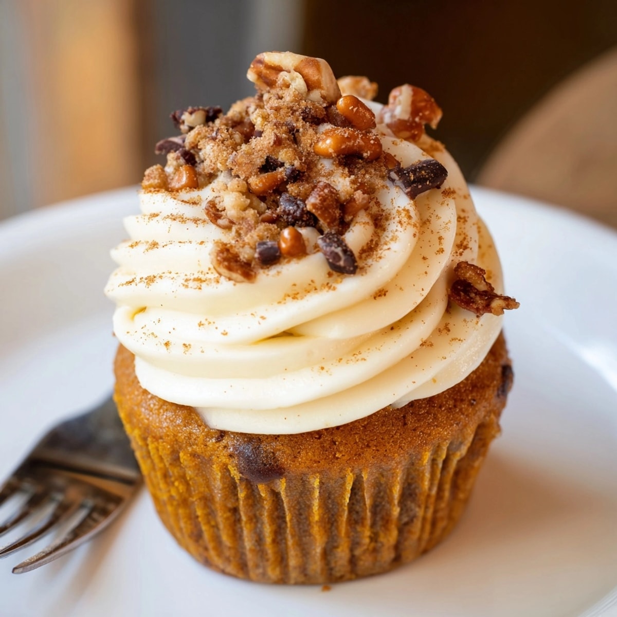Close-up of a moist Chaos Cake Pumpkin Spice Disaster Cupcake with cream cheese frosting.