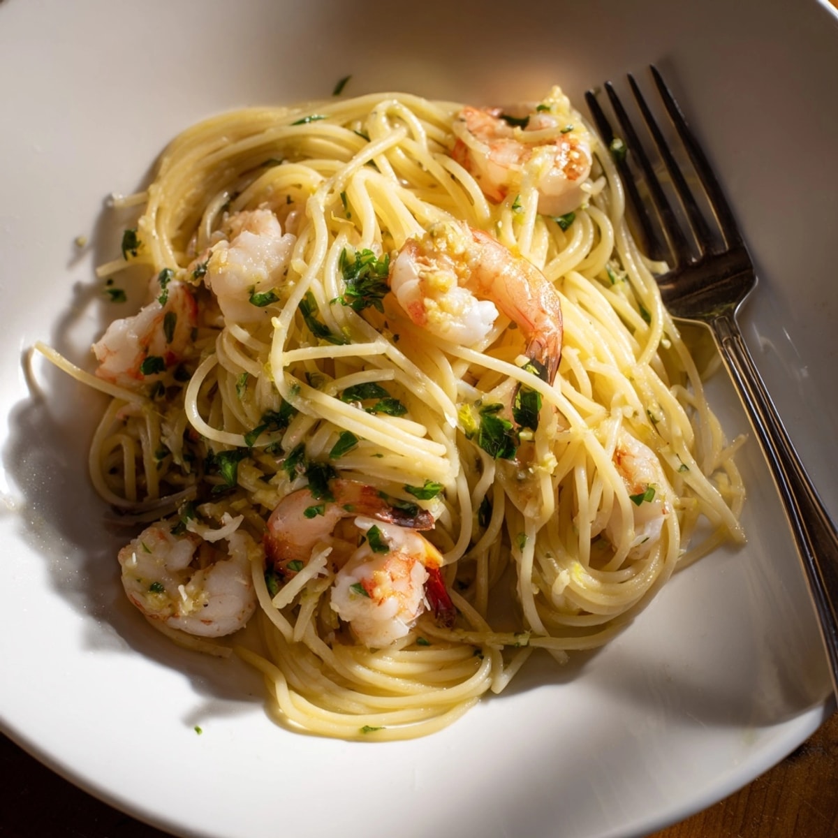 Lemon Garlic Shrimp Pasta glistening, served hot with a squeeze of fresh lemon.