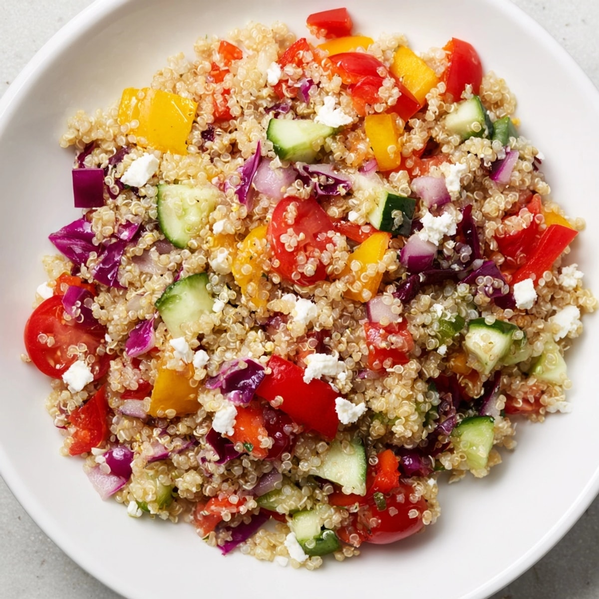 Vibrant Rainbow Quinoa Salad with crunchy bell peppers, a refreshing summer side dish.