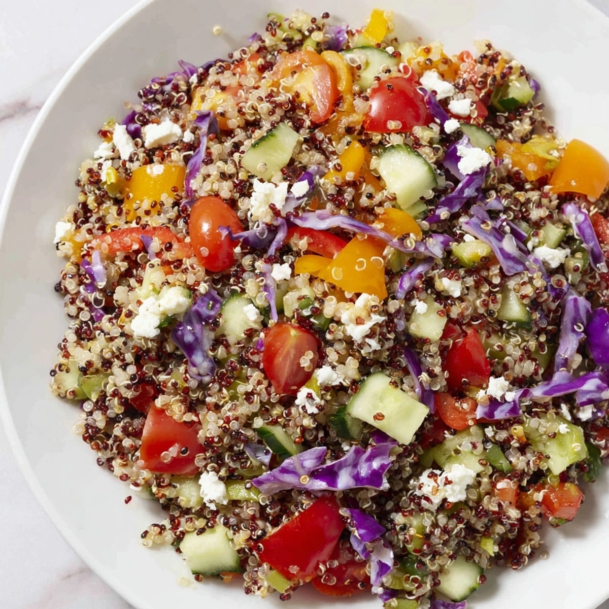 Close-up of colorful Rainbow Quinoa Salad; the lemon vinaigrette glistens on the quinoa.