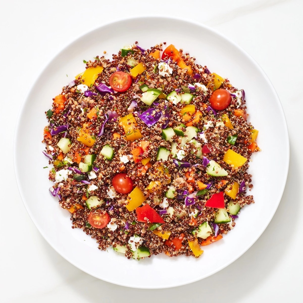 Homemade Rainbow Quinoa Salad: light, healthy recipe with fresh vegetables and tangy feta.