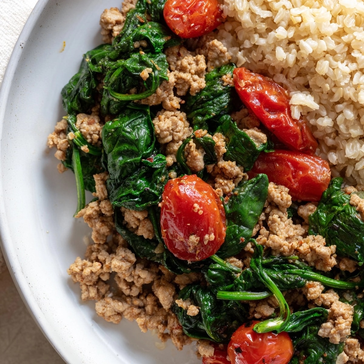 Turkey and spinach skillet: savory ground turkey, vibrant spinach, and juicy tomato delight.