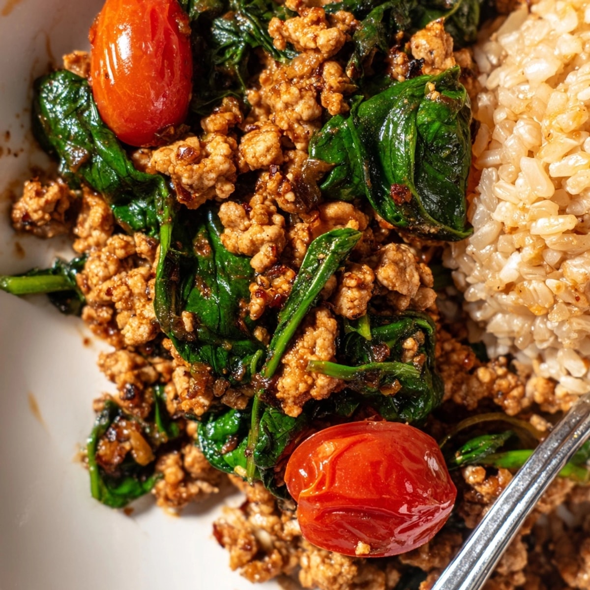 Easy turkey & spinach skillet recipe, perfect for a quick weeknight dinner bowl.