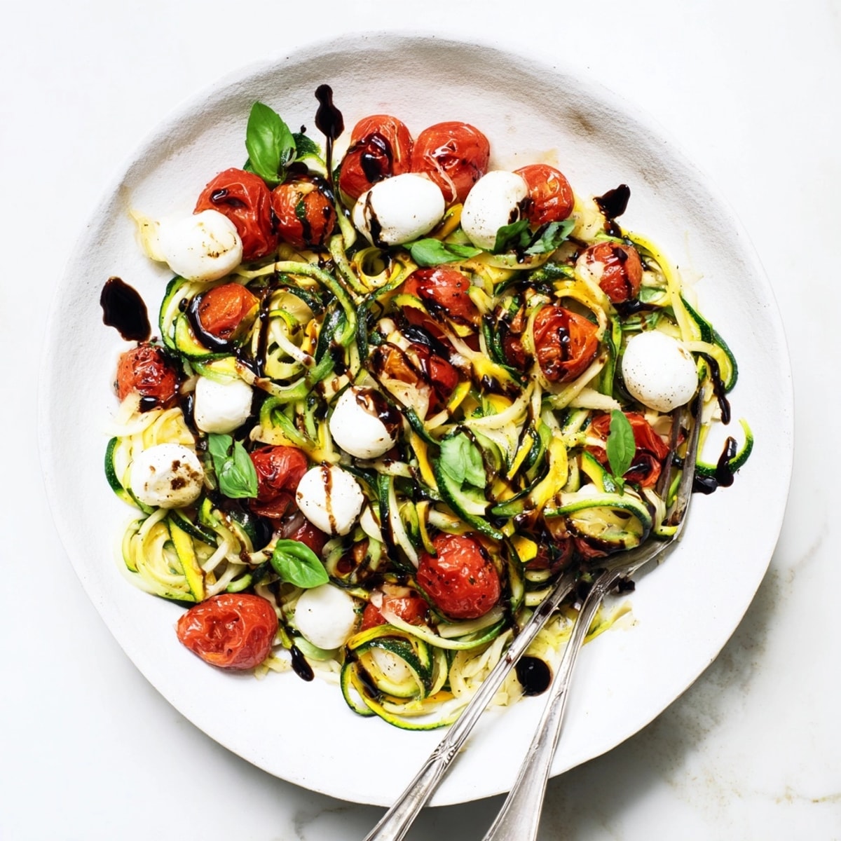 Caprese Zoodle Skillet sizzling: Soft zucchini noodles, melted mozzarella, and fragrant basil aroma.