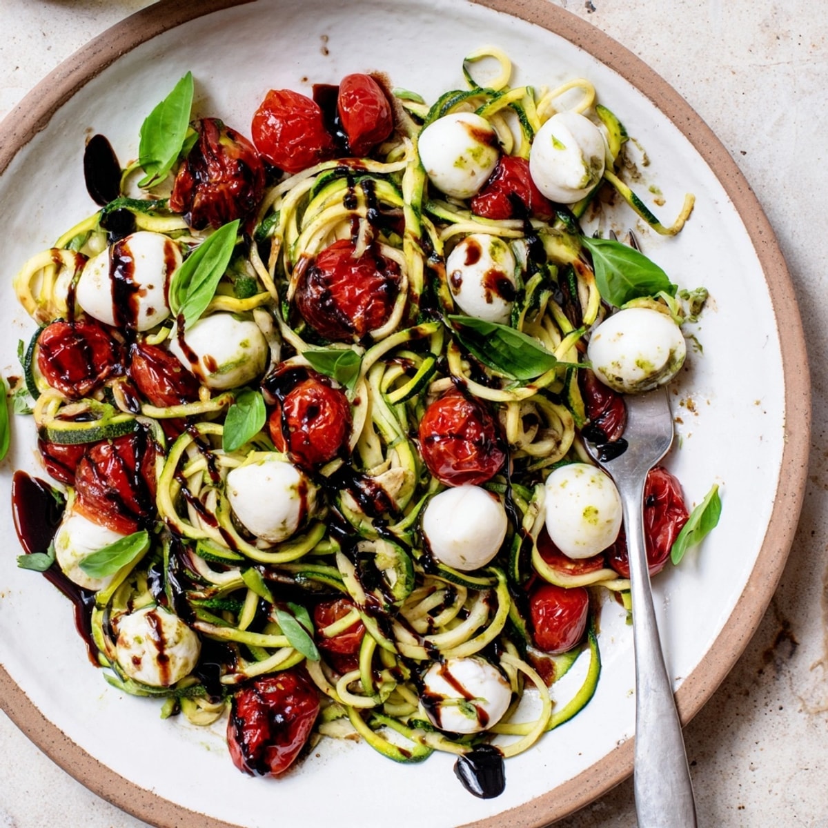 Homemade Caprese Zoodle Skillet recipe: A vibrant display of color and texture, ready to serve.