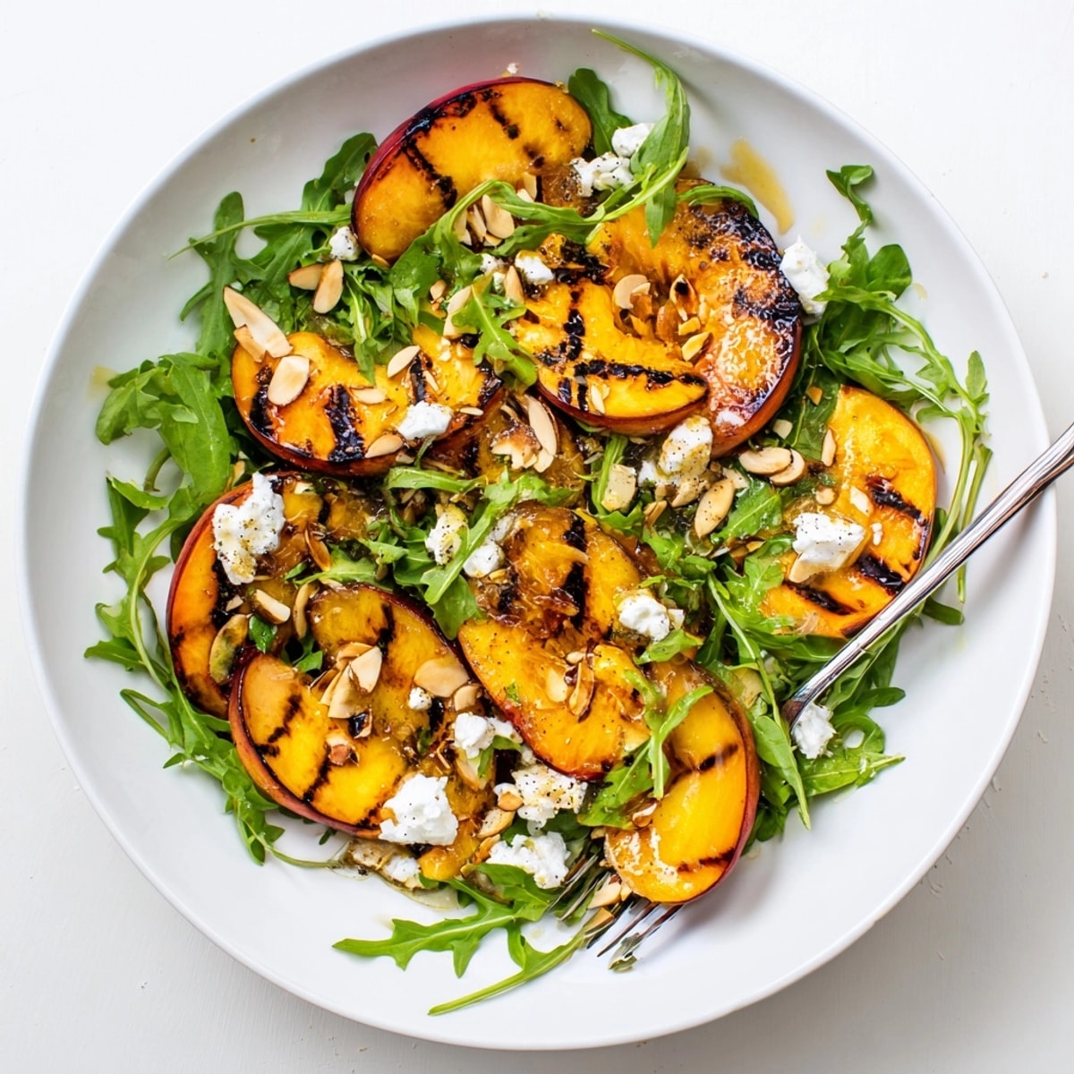 Honey-lemon dressing glistens on this Grilled Peach & Arugula Salad, a fresh summer dish.