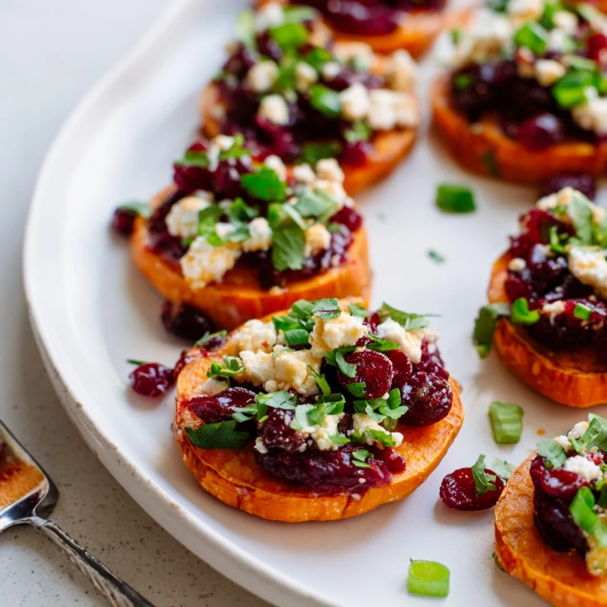 Layers of roasted sweet potatoes drizzled with zesty cranberry jalapeño dip.