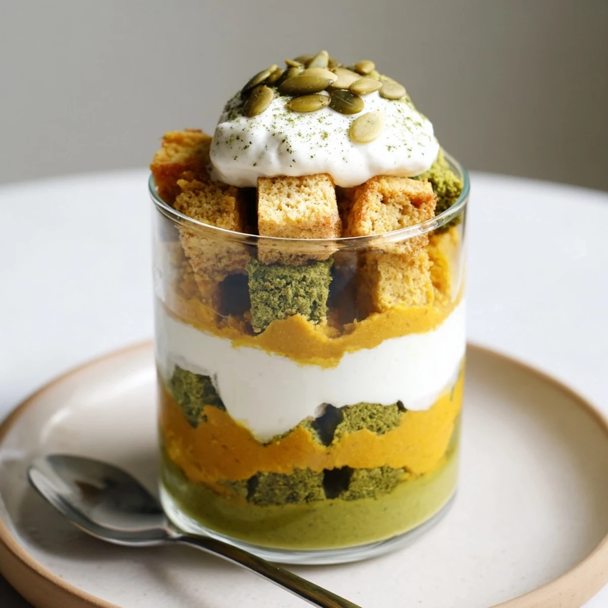 Fluffy Matcha Pumpkin Muffin Trifles layered with creamy pumpkin and whipped cream delight.  