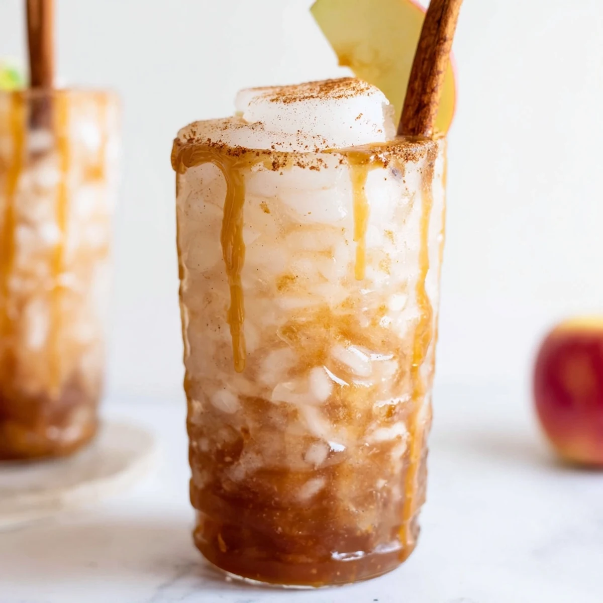 Garnished with apple slices, this mocktail is a festive Spicy Caramel Apple Mule treat.
