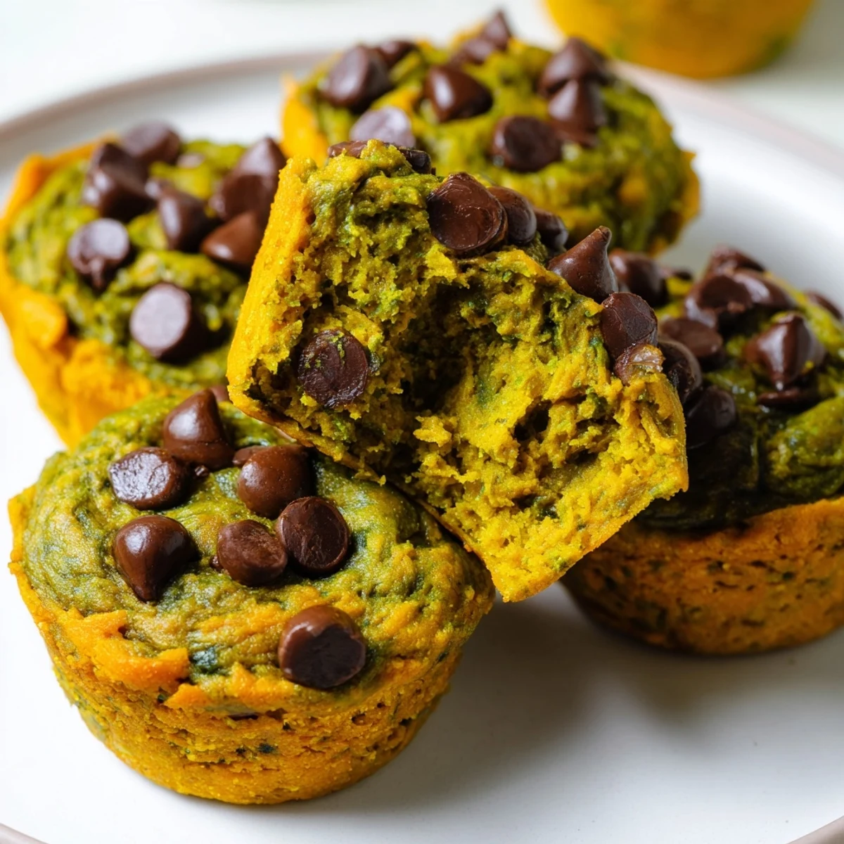 Moist Matcha Pumpkin Chocolate Muffin Bites topped with rich chocolate chips make perfect snacks.  