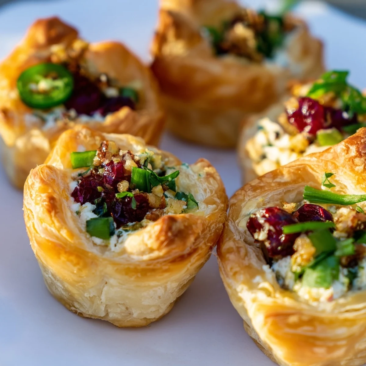 Flaky puff pastry filled with creamy cranberry jalapeño dip, perfect for gatherings.  