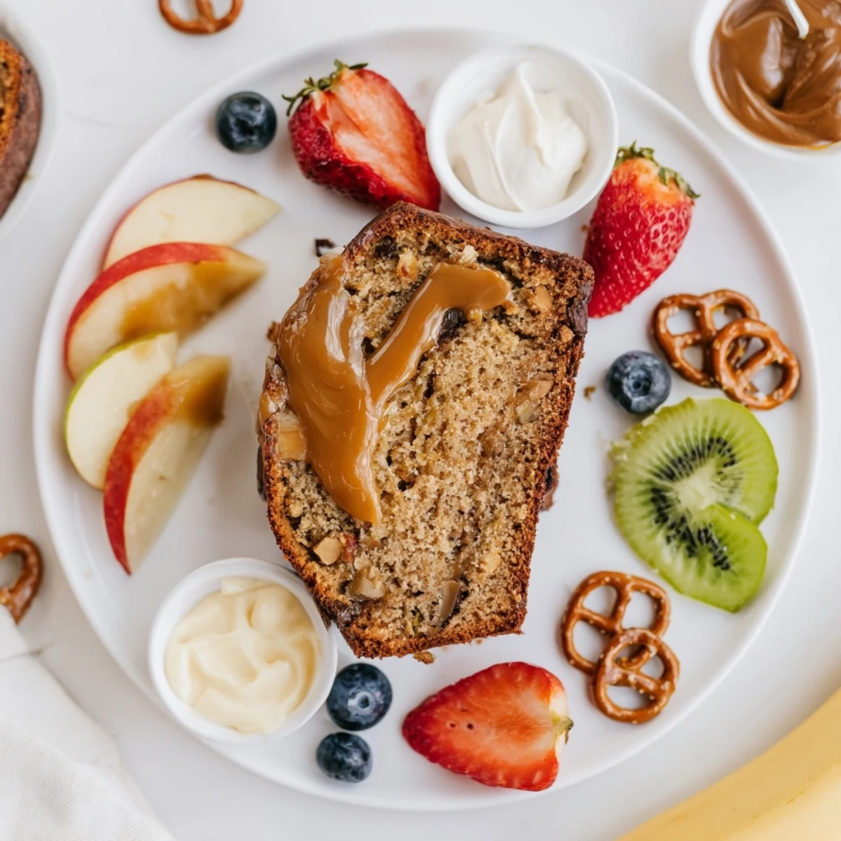 Sliced caramel banana bread on a platter, surrounded by vibrant fruits and sweet spreads.