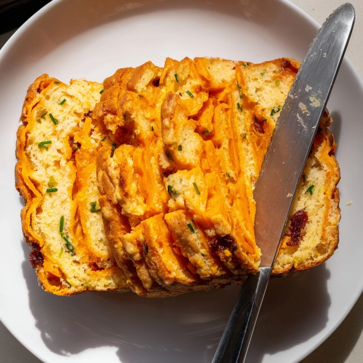 Warm slices of Flaky Sweet Potato Cheddar Muffin Loaf, served with butter and chives.