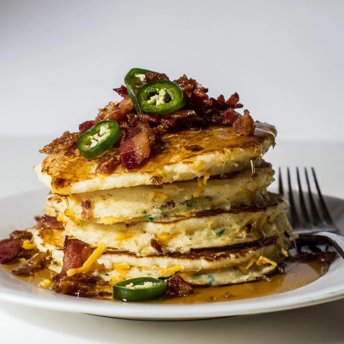 Fluffy Cheddar Jalapeño Chaos Cake Pancake Stacks drizzled with sweet honey and crispy bacon.  