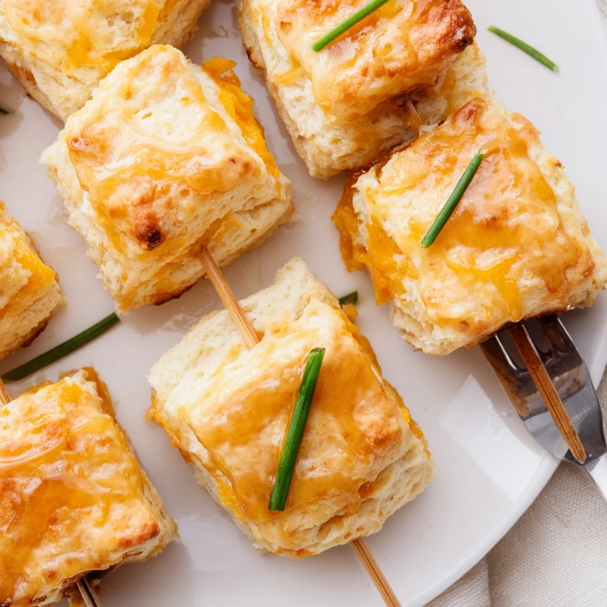 Flaky maple bourbon cheddar biscuit skewers drizzled with a sweet glaze, ideal for brunch.  