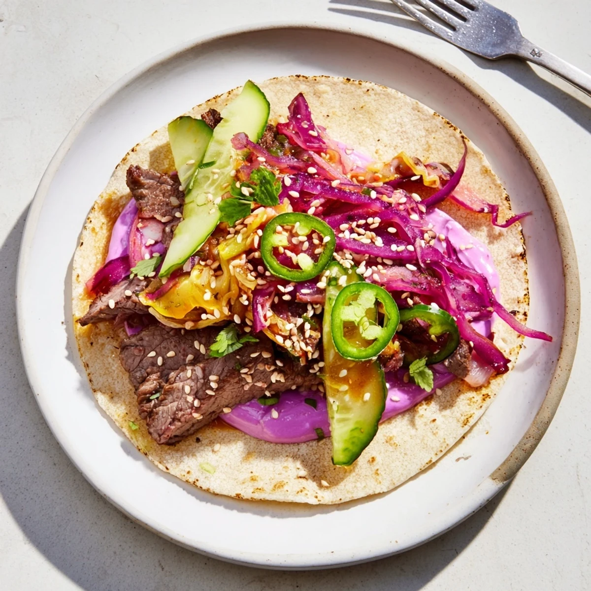 Flavorful street-food fusion tacos with spicy kimchi and creamy ube drizzle.