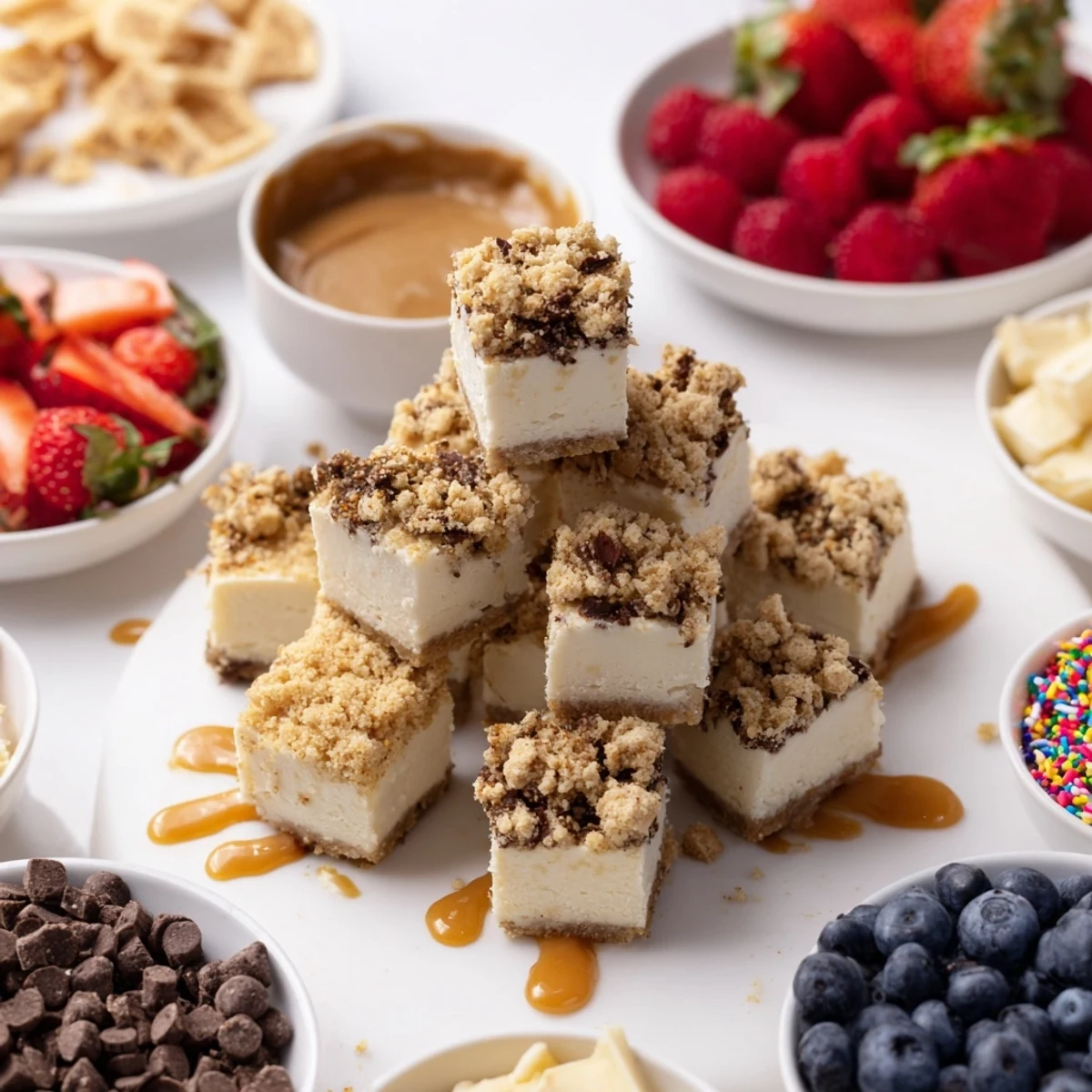 Decadent deconstructed dessert board showcasing cheesecake bites and fresh, colorful toppings.  