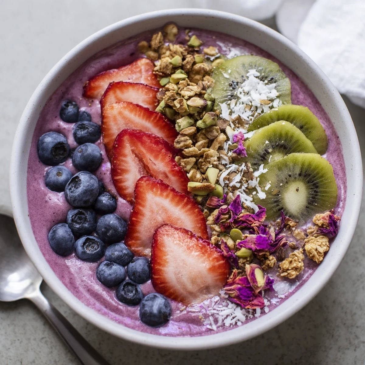 Vibrant smoothie bowls with purple yam and fresh fruit toppings for a nutritious breakfast.  