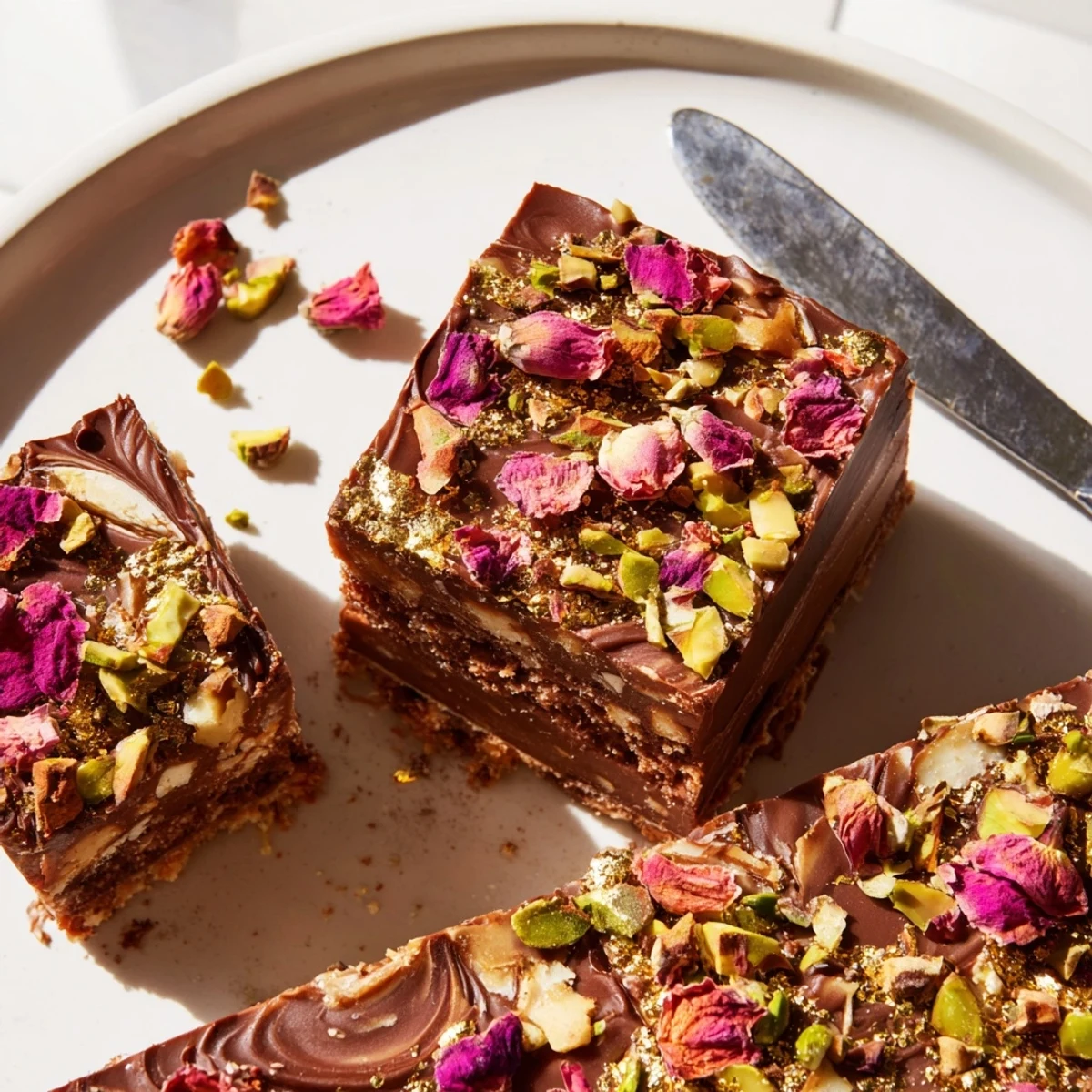 Decadent chocolate bar inspired creations served with edible gold and rose petals.  