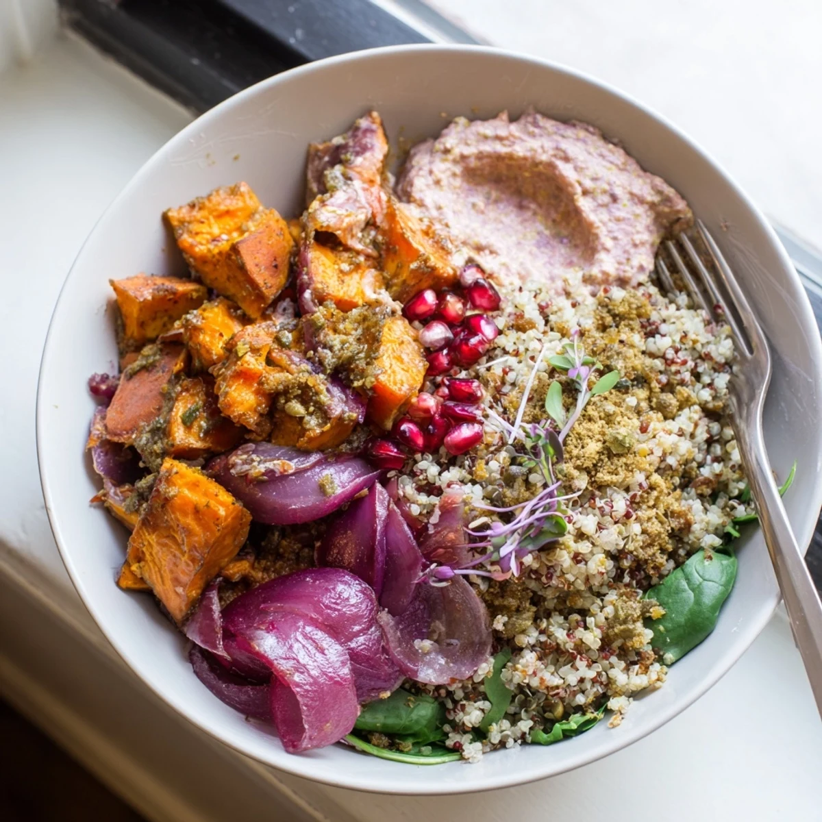 Cozy spiced winter bowls filled with roasted vegetables and creamy ube-coconut purée.  