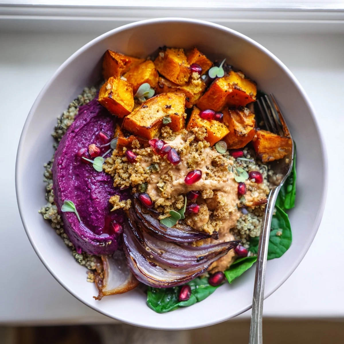 Nutrient-dense spiced winter bowls topped with pistachio-maple crumble and fresh greens.  