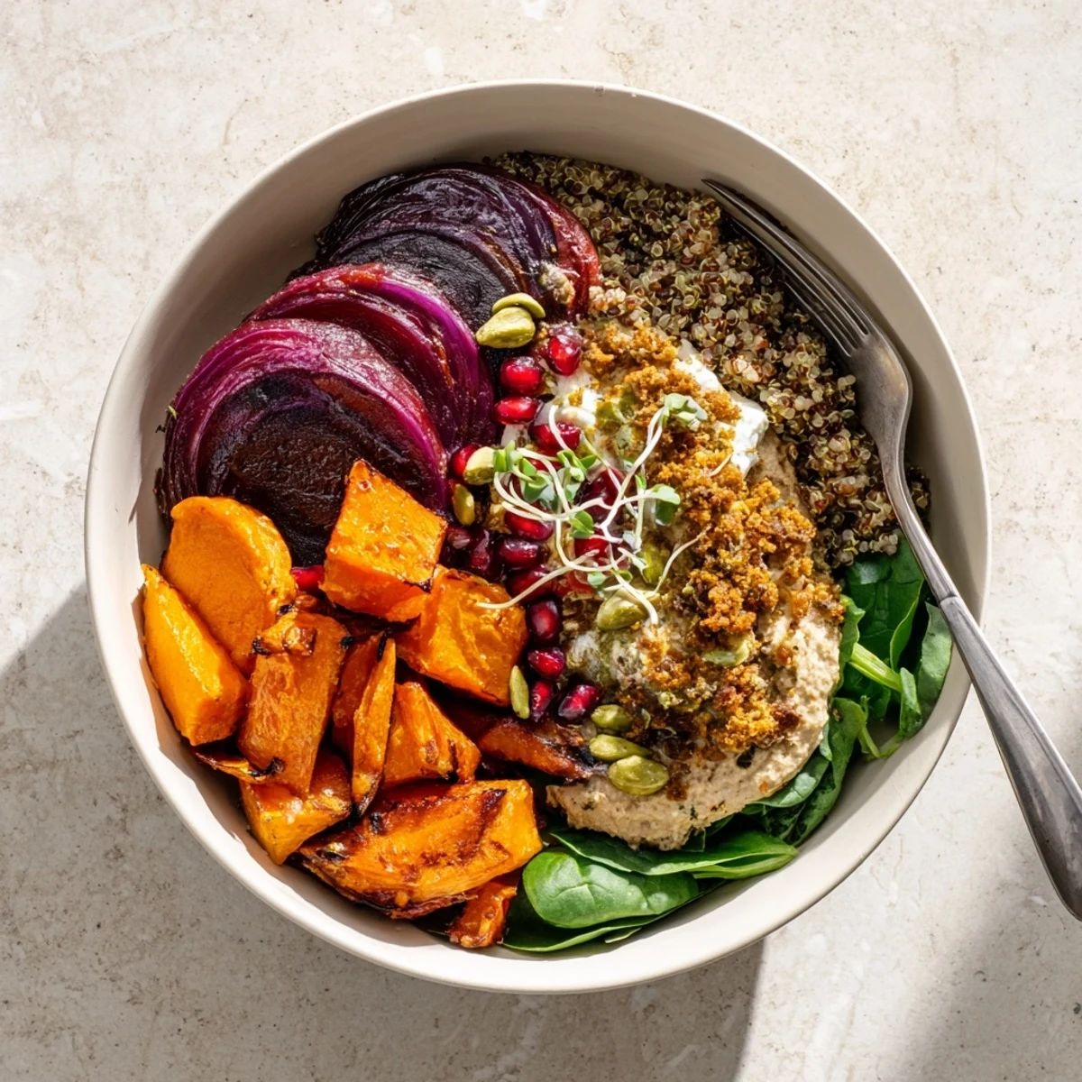 Flavorful spiced winter bowls showcasing vibrant roasted veggies and pomegranate seeds.