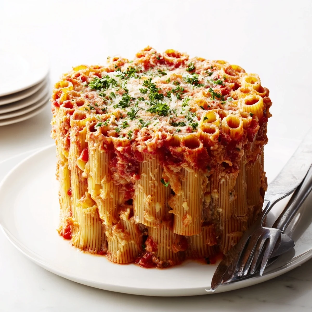 A delicious Honeycomb Pasta Cake with layers of rich tomato sauce and gooey cheese.  