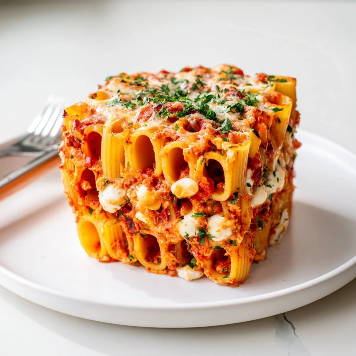 Stunning Honeycomb Pasta Cake showcases upright rigatoni, filled with creamy ricotta and herbs.  