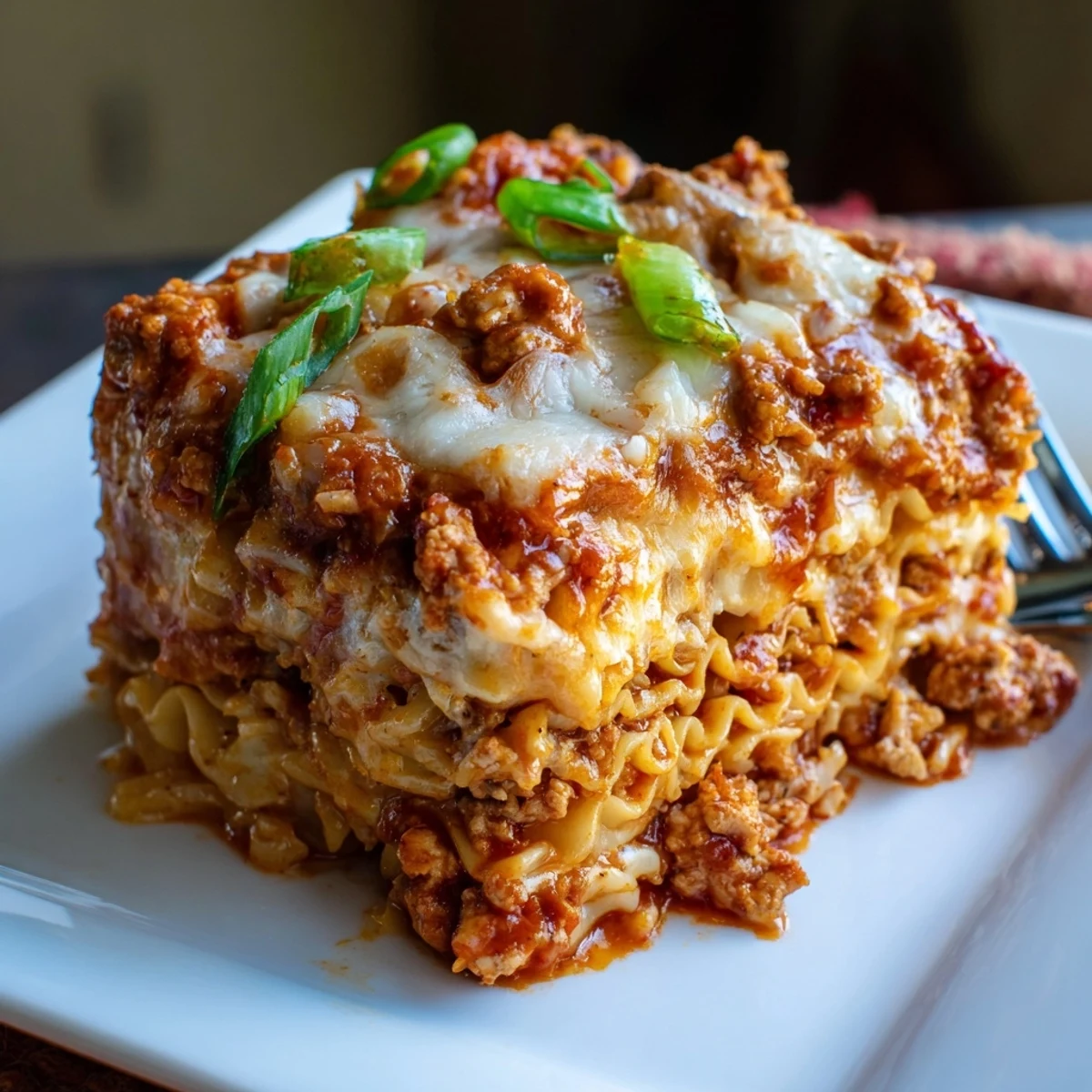 Golden, bubbly spicy ramen lasagna with creamy cheese and savory pork filling, just baked.