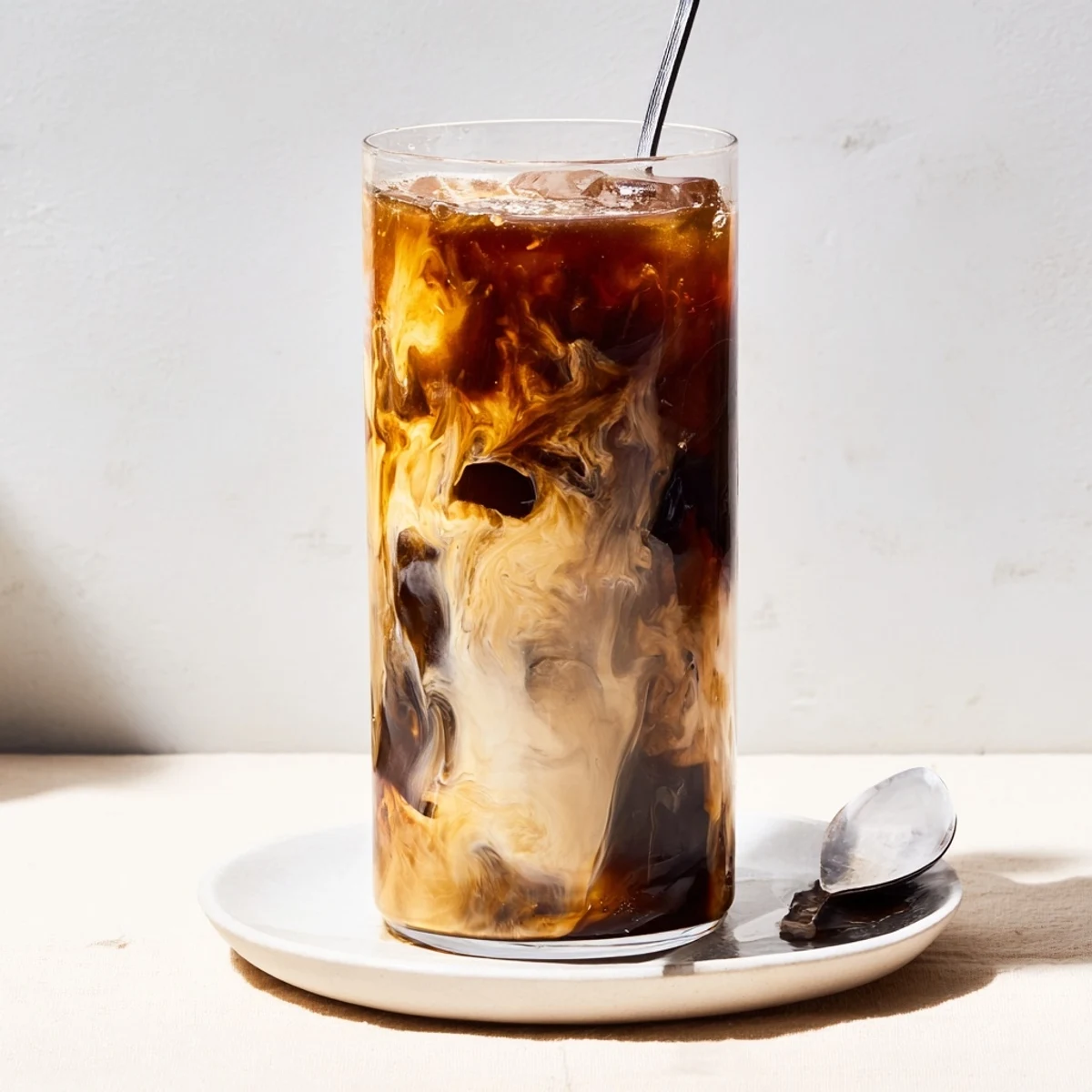 Creamy tahini iced coffee topped with plant milk and ice cubes, perfect for summer.