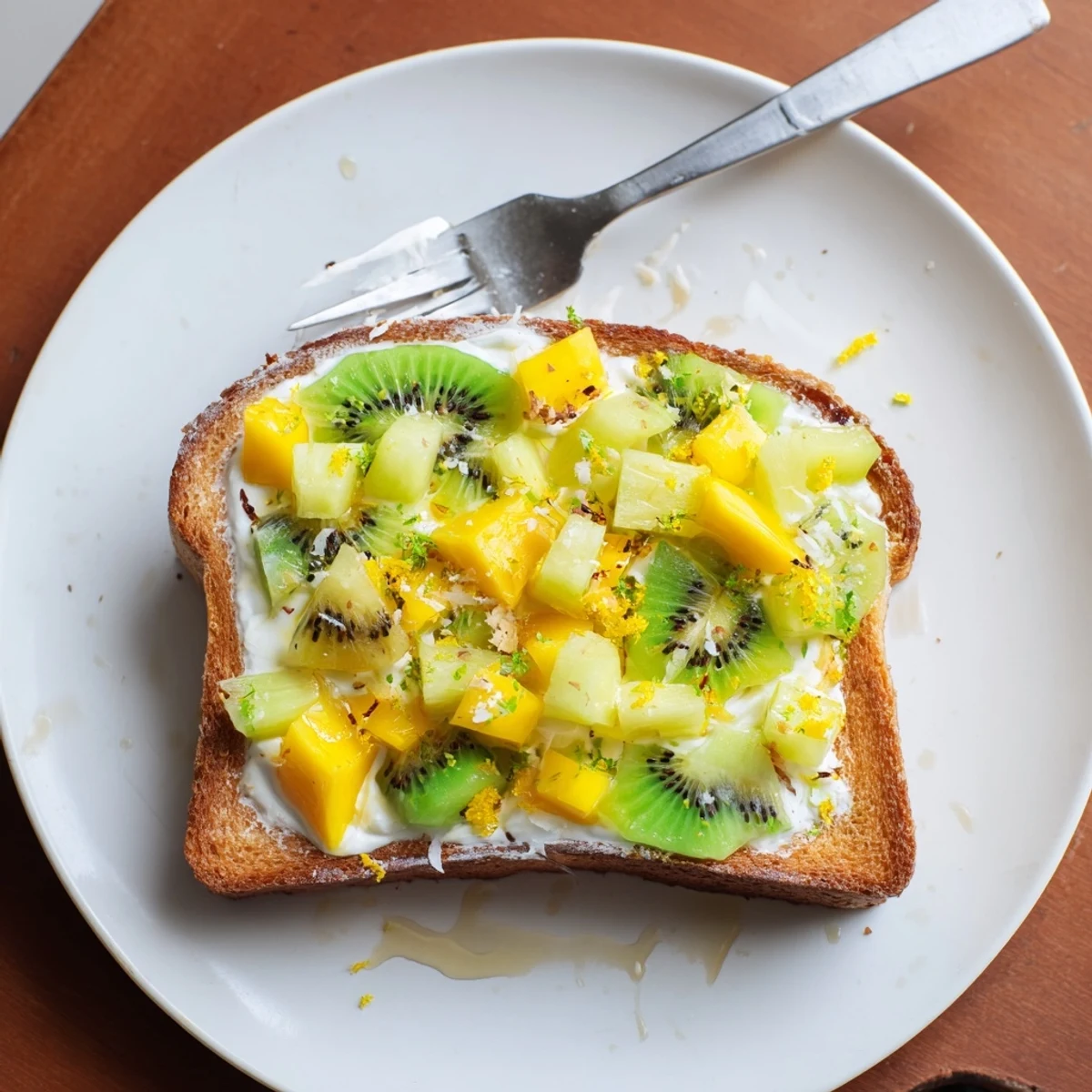 Decadent yogurt-custard toast showcasing diced mango, kiwi, and a coconut sprinkle.