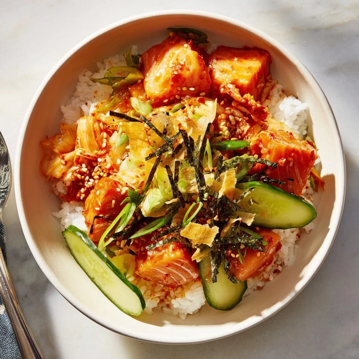 Flavorful crispy salmon rice bowl with fresh avocado, garlic, and zesty toppings.  