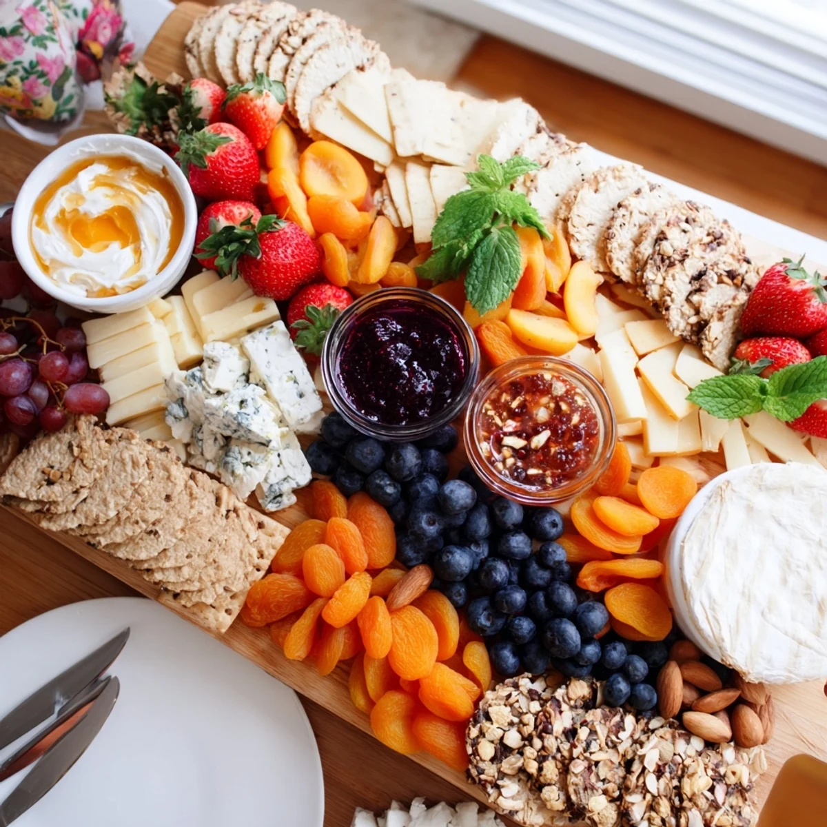 Beautiful brunch board with colorful jams, artisan breads, and fresh fruit clusters.  