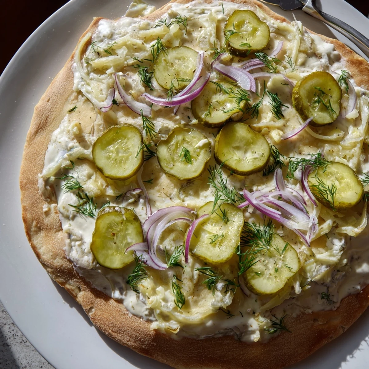Tangy Pickle Pizza topped with creamy mozzarella and crunchy dill pickles.  