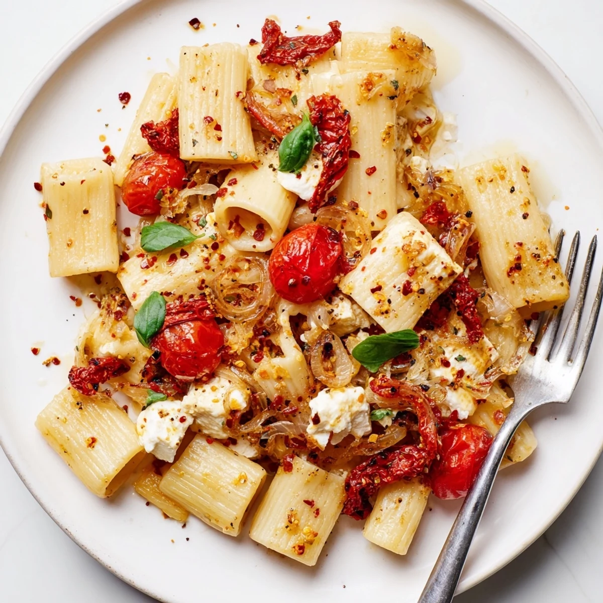 Creamy baked feta pasta topped with caramelized onions and sun-dried tomatoes.  