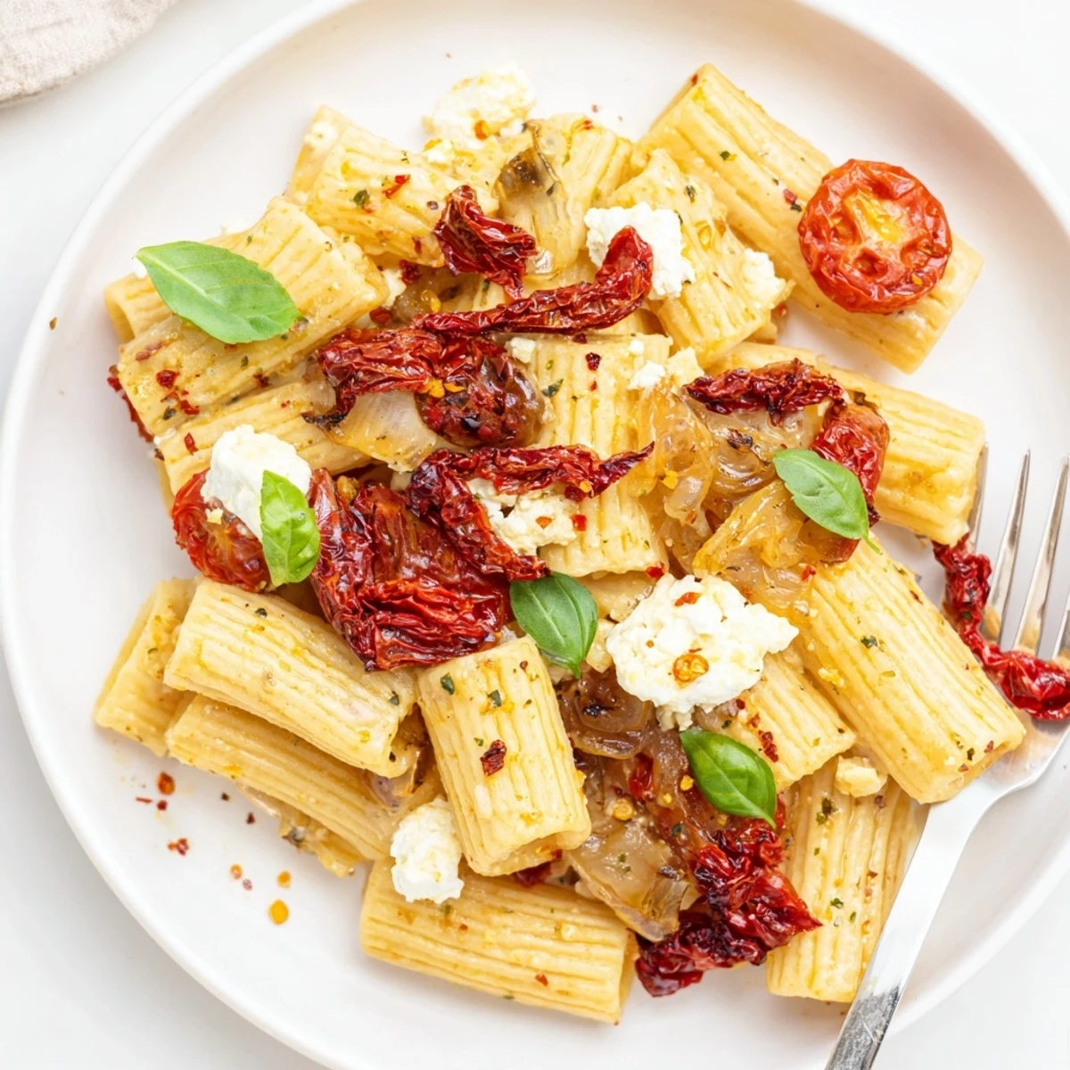 Baked feta pasta drizzled with olive oil and fresh basil for a flavorful finish.  