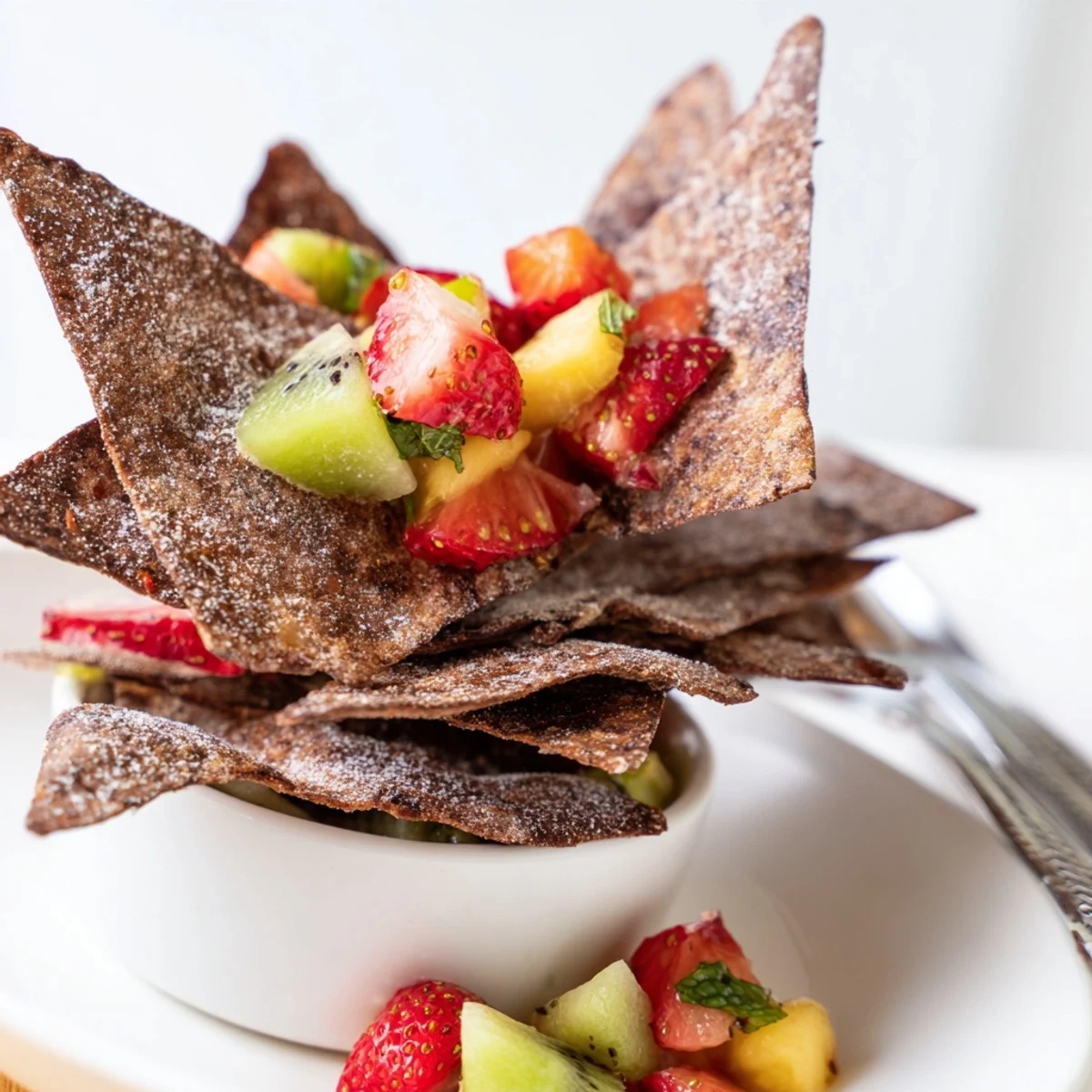 Sweet and crunchy dessert chips served with refreshing fruit salsa dip.  