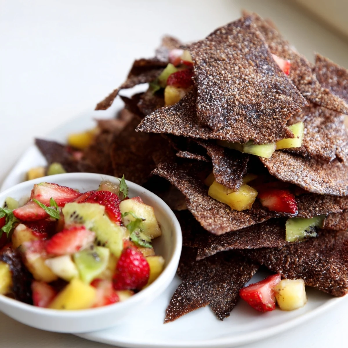 Delightful dessert chips paired with colorful salsa for a festive treat.