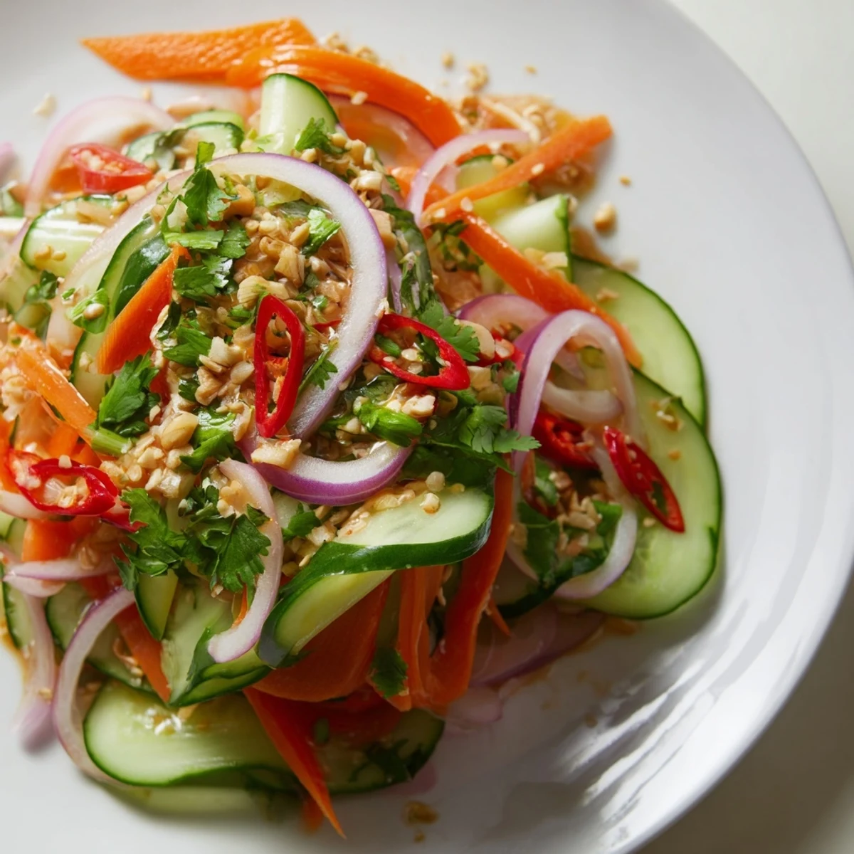 Cucumber Salad Remix drizzled with sesame oil and fresh cilantro, a vibrant dish.  