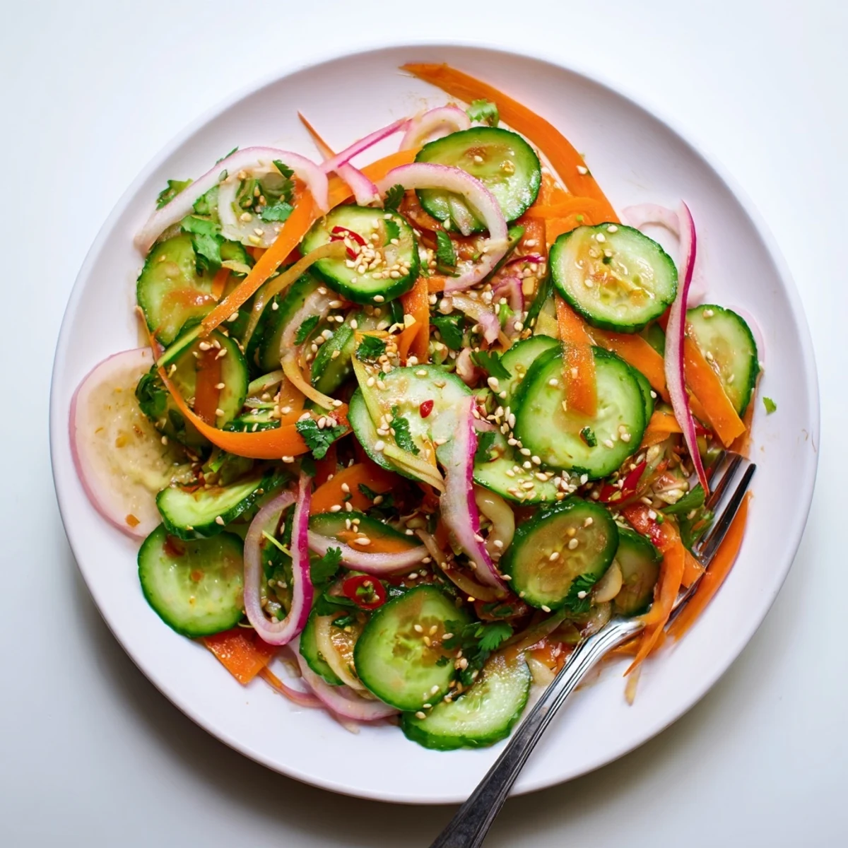 Chilled Cucumber Salad Remix topped with toasted sesame seeds; perfect for summer gatherings.