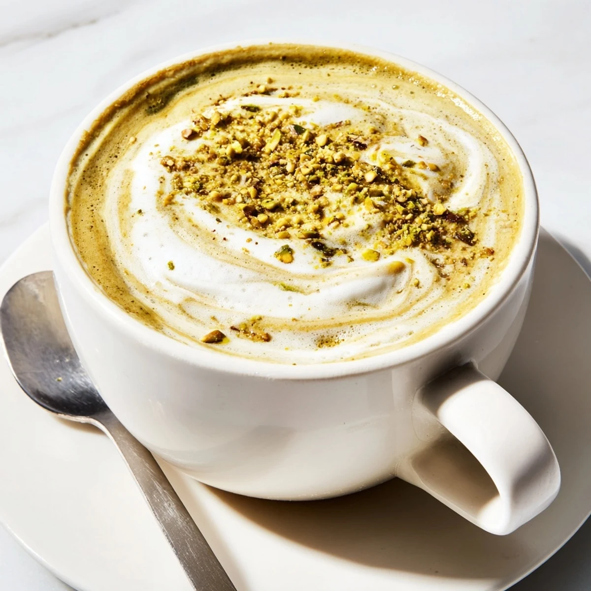 Creamy pistachio milk latte topped with crushed nuts, a flavorful coffeehouse delight.  