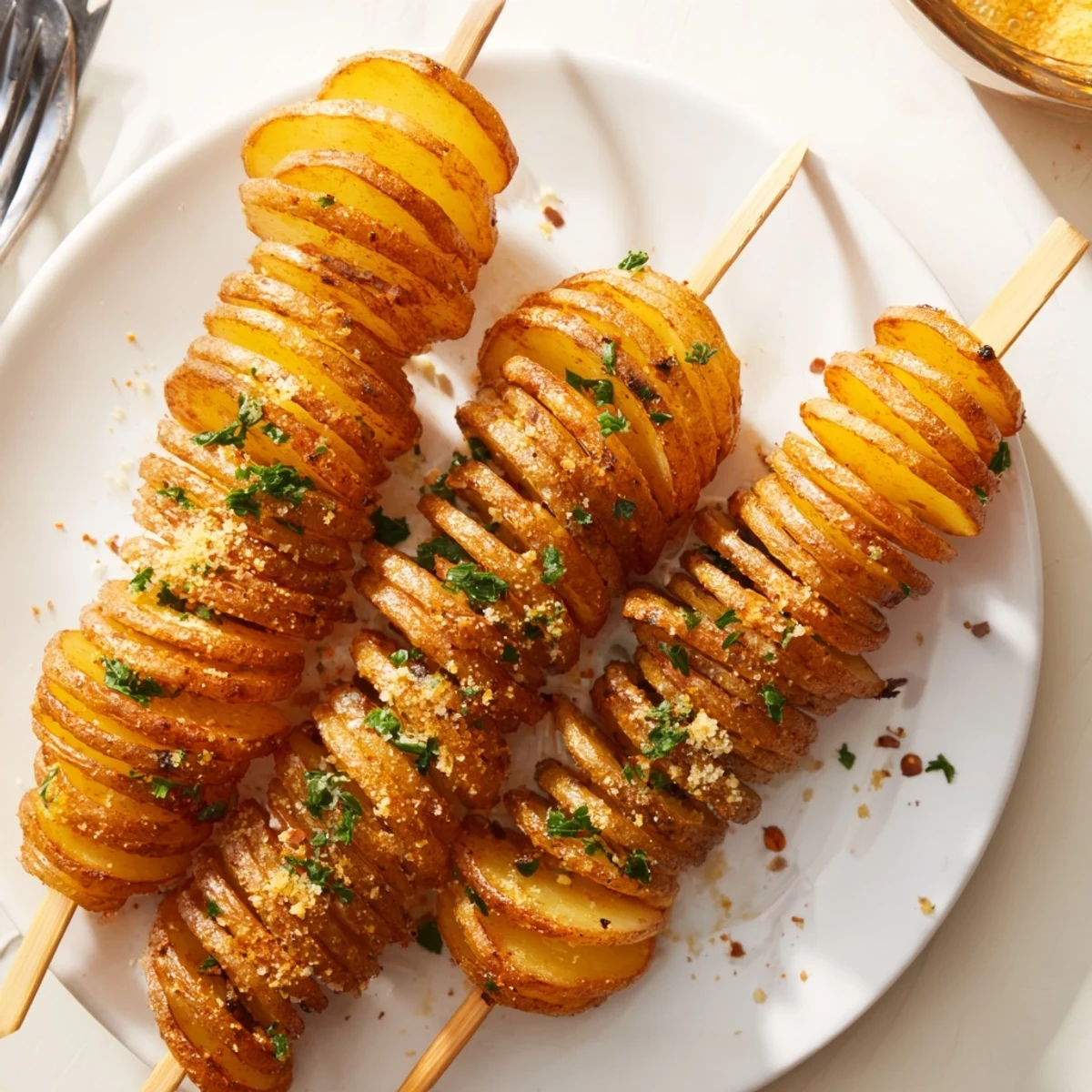 Crispy air-fryer tornado potatoes skewered and seasoned for a delicious snack.  