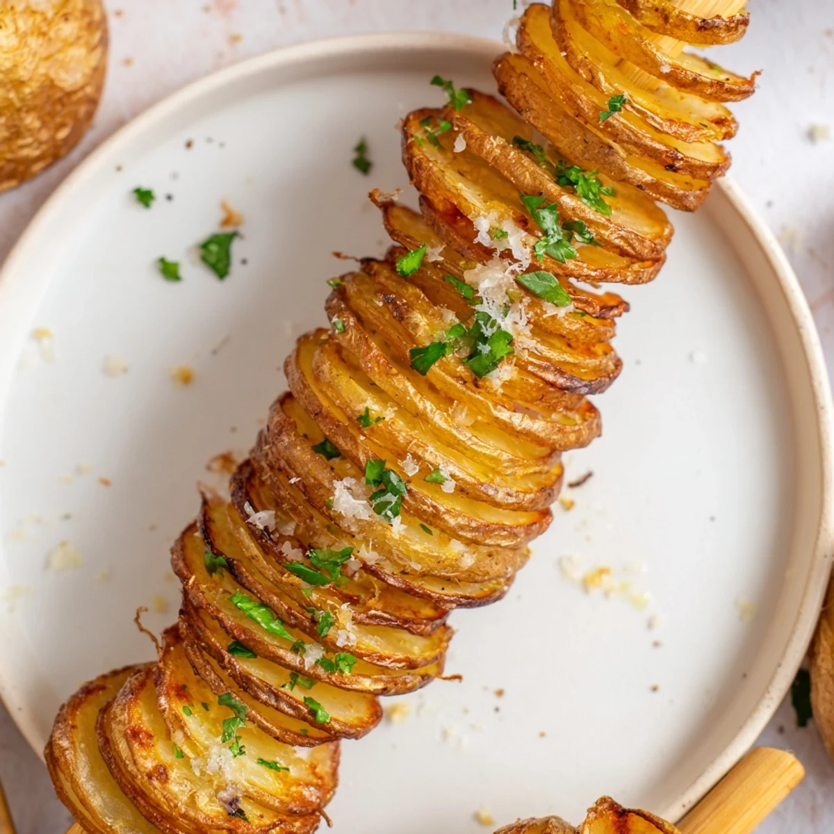 Flavorful spiral potatoes, perfectly air-fried and topped with Parmesan and parsley.  