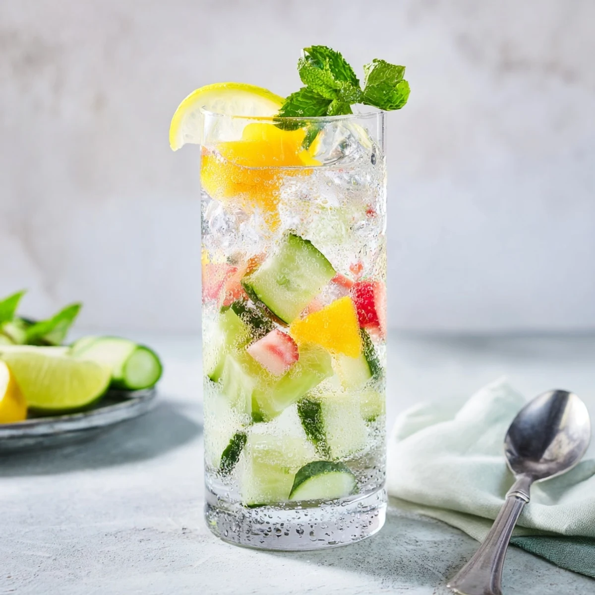 Refreshing water-based mocktails with vibrant fruit and herbs served in tall glasses.  