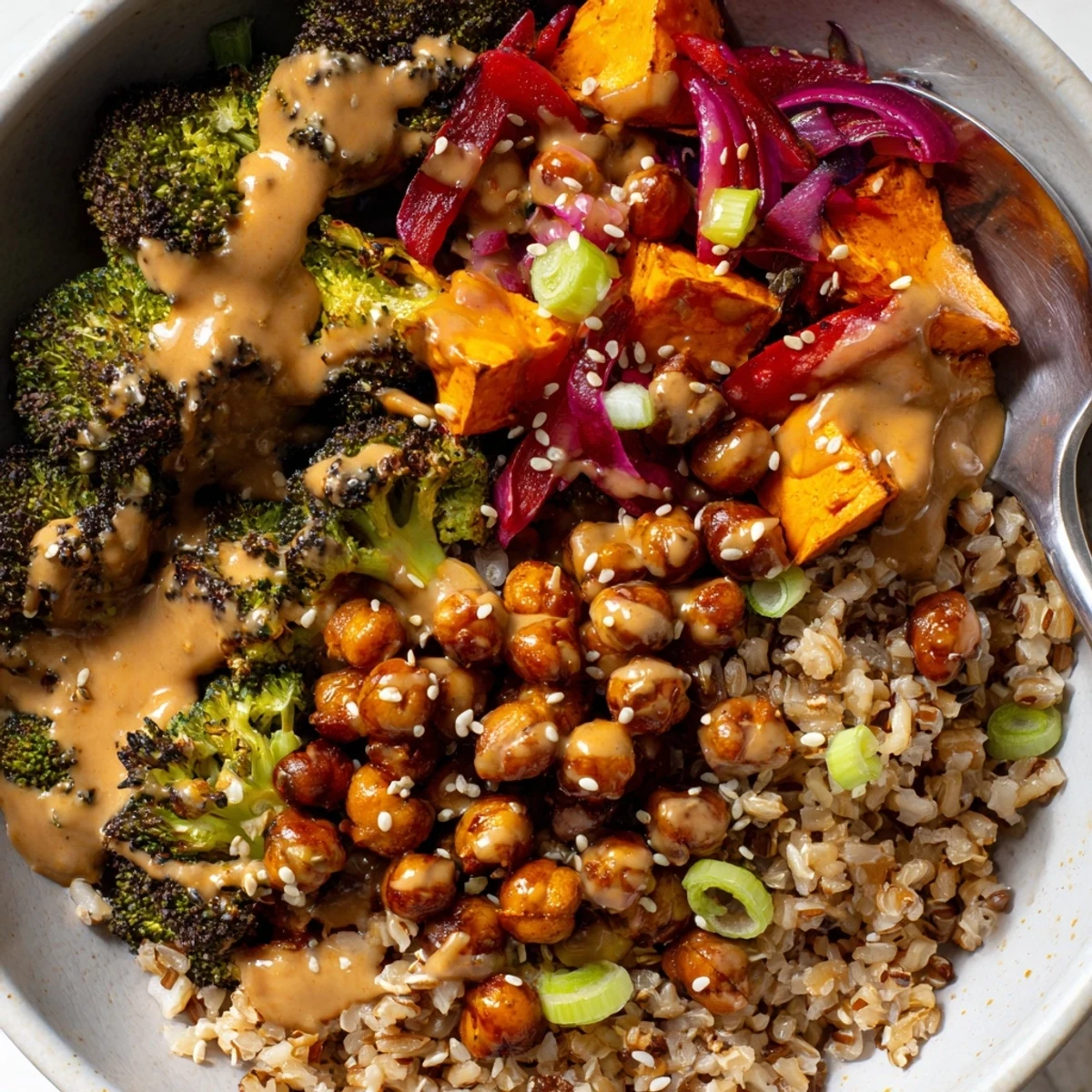 Vibrant Bold Sauce Drizzle Bowls topped with roasted veggies and flavorful sauces.  