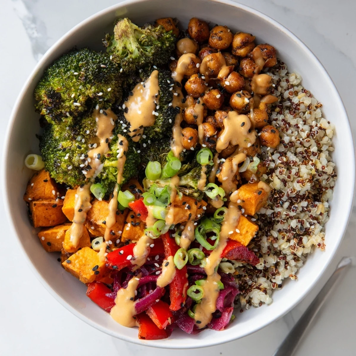 Colorful grain bowls featuring nutritious ingredients and zesty miso-butter drizzle.  