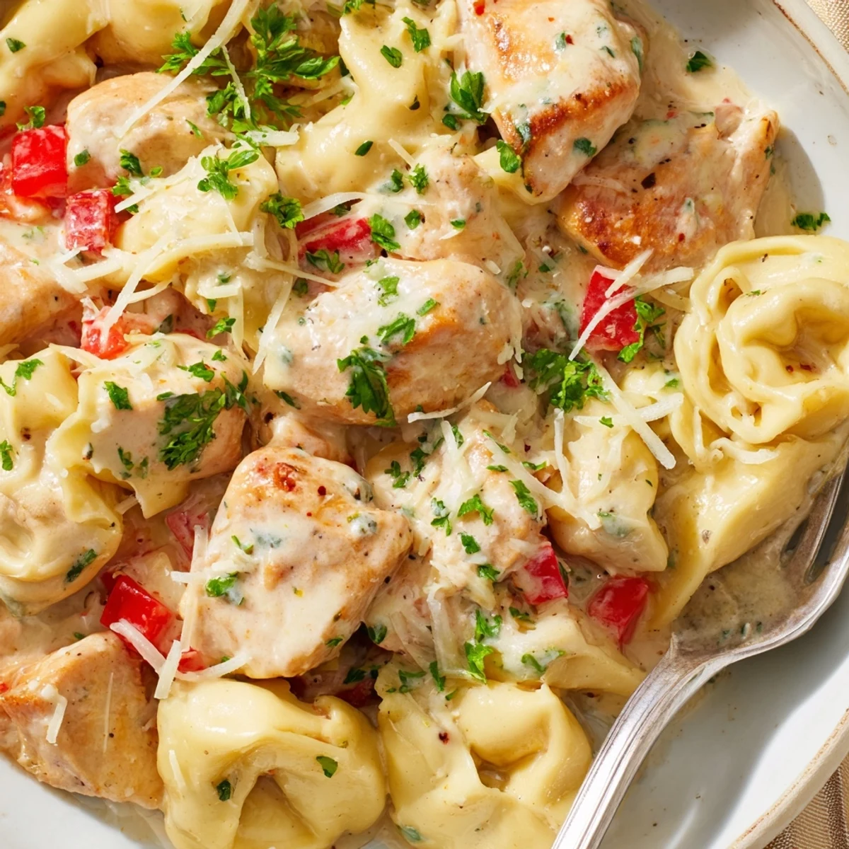 Zesty Cajun Garlic Parmesan Chicken Tortellini in a rich creamy sauce, garnished with parsley.  