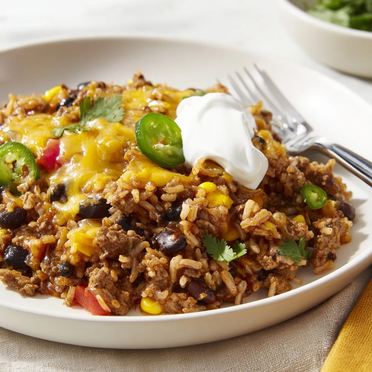Hearty Tex-Mex Beef & Rice Casserole topped with melted cheese and fresh cilantro.  