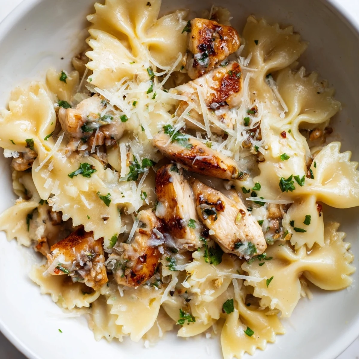 Tender Mozzarella Garlic Butter Chicken Bowties with creamy sauce and fresh parsley garnish.