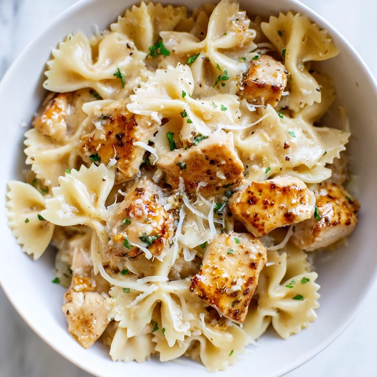 Bowtie pasta intermingled with succulent chicken in a rich garlic butter sauce.